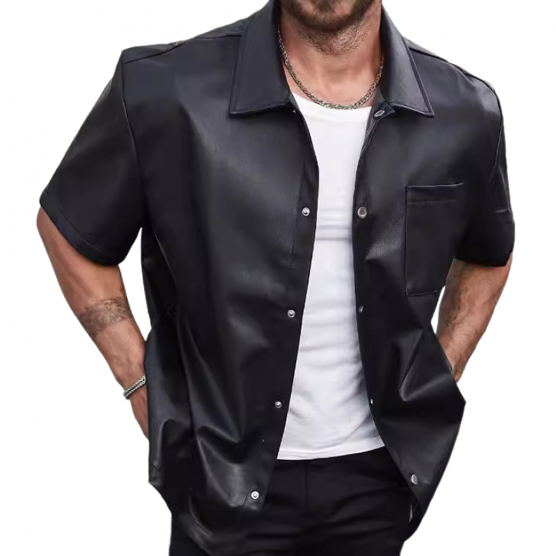 Men's Fashion PU Lapel Single Breasted Patch Pocket Loose Short Sleeve Shirt MTA0683E0M