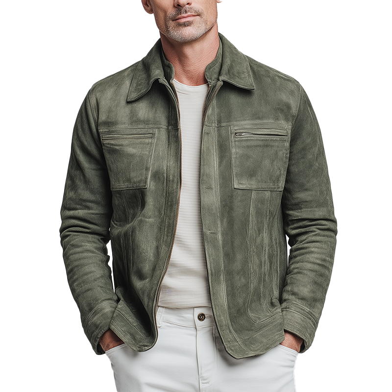 Men's Light Green Faux Suede Vintage Casual Jacket MTA2716H7P
