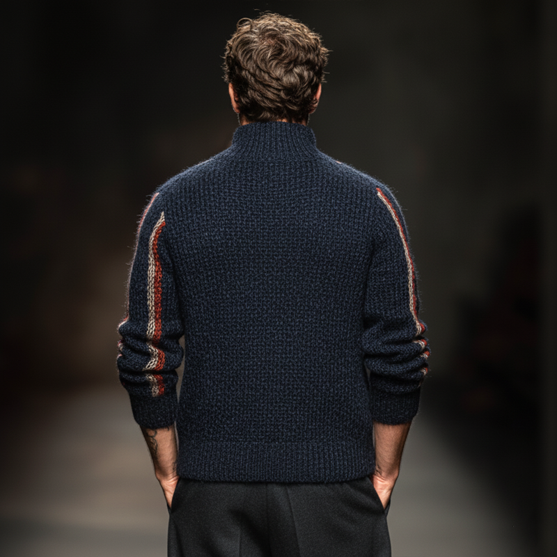 Men's Classic Navy Blue Colorblock Line Stand Collar Knitted Button Cardigan MTA2237J8U