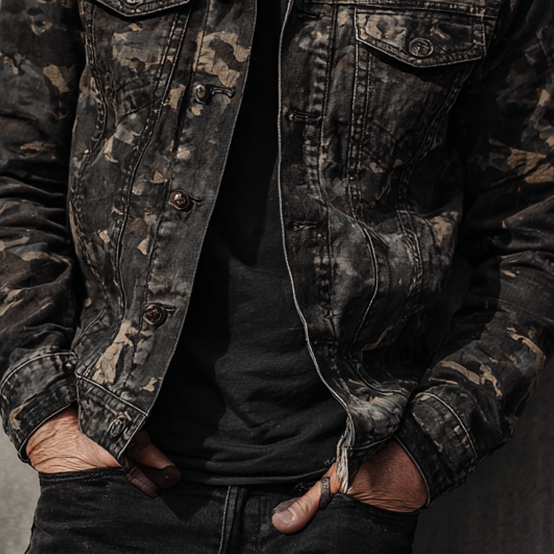 Men's Vintage Camouflage Print Lapel Multi-Pocket Jacket MTA1301H4X