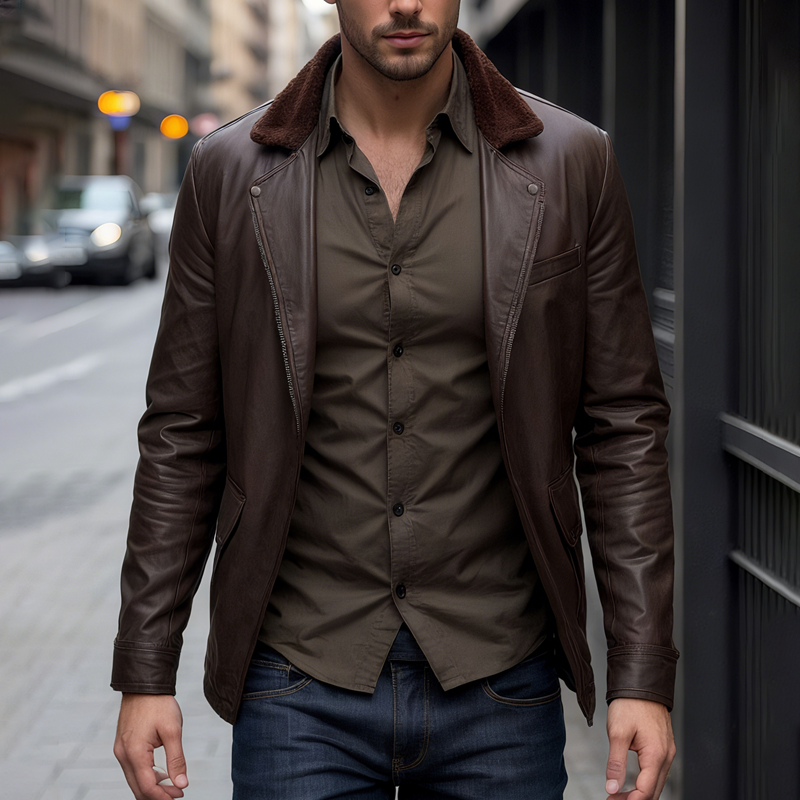 Men's Faux Fur Lapel Splicing PU Leather Zipper Jacket MTA1260I1Z