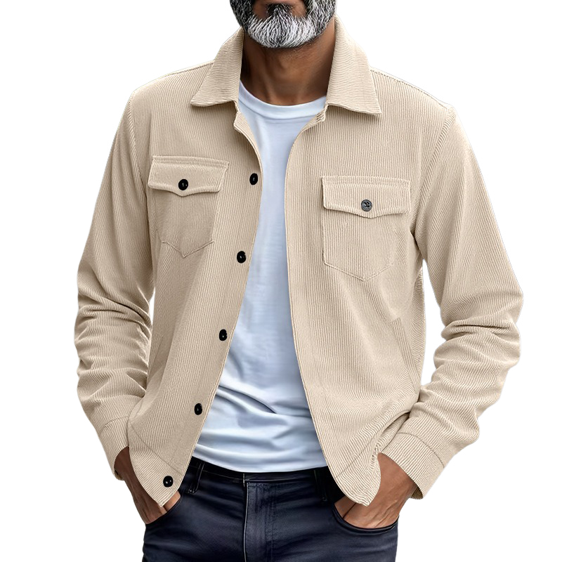 Men's Solid Color Corduroy Multi-Pocket Long Sleeve Shirt MTA0403H7X
