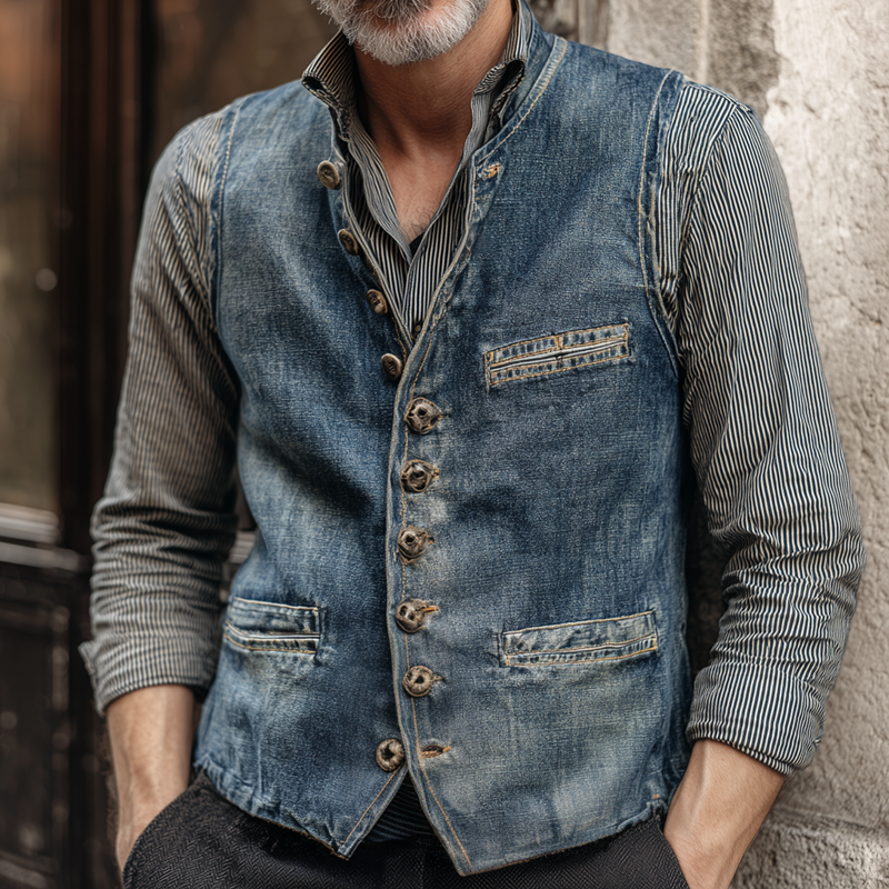 Men's Vintage Washed Denim Round Neck Single Breasted Multi-pocket Vest MTA1845H1Z