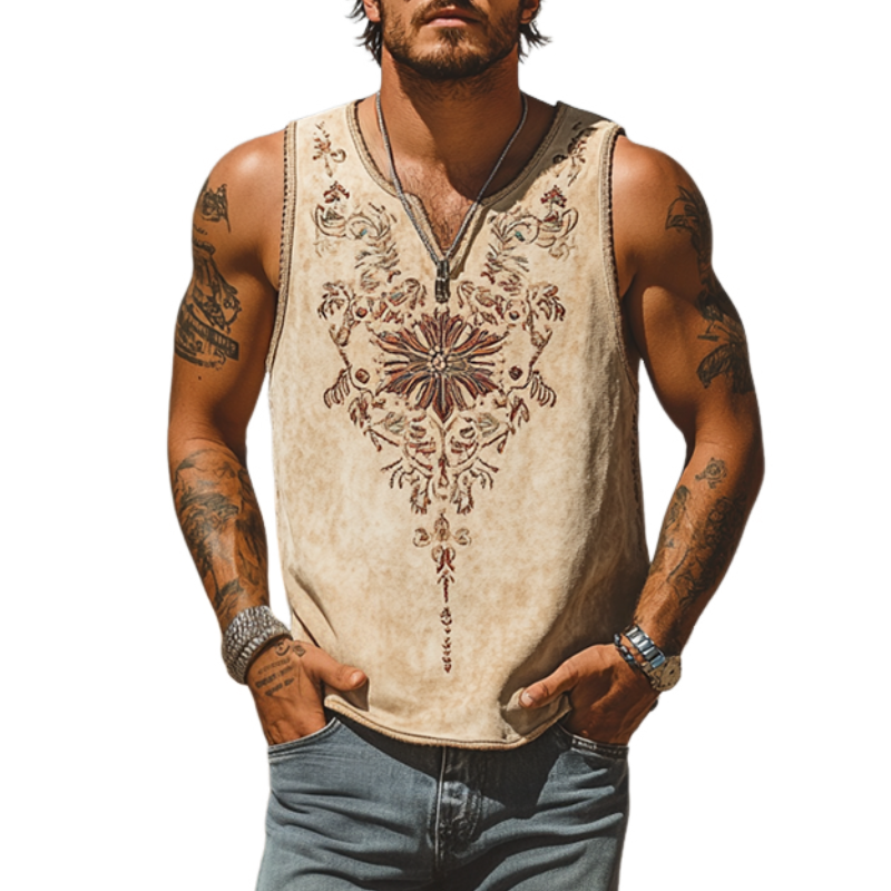 Men's Classic Casual American Western Style Suede Embroidered V-Neck Tank Top 67050763K