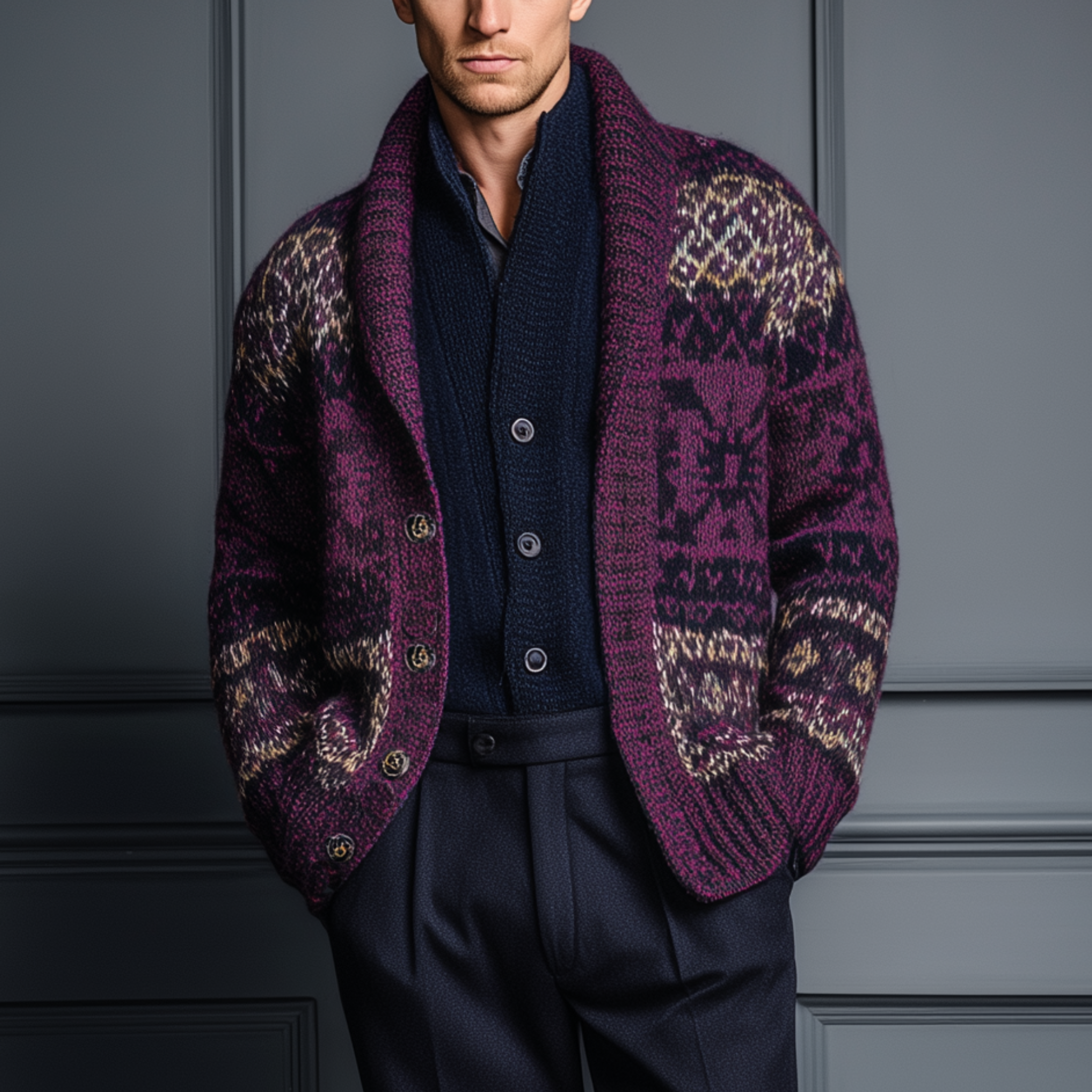 Men's Classic American Casual Contrast Jacquard Knit Cardigan MTA0426I7K