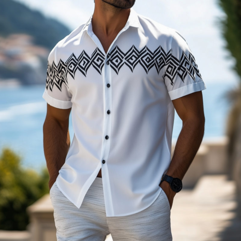 Men's Fashion Spring Summer Casual Retro Printed Short Sleeve Shirt 42219382K