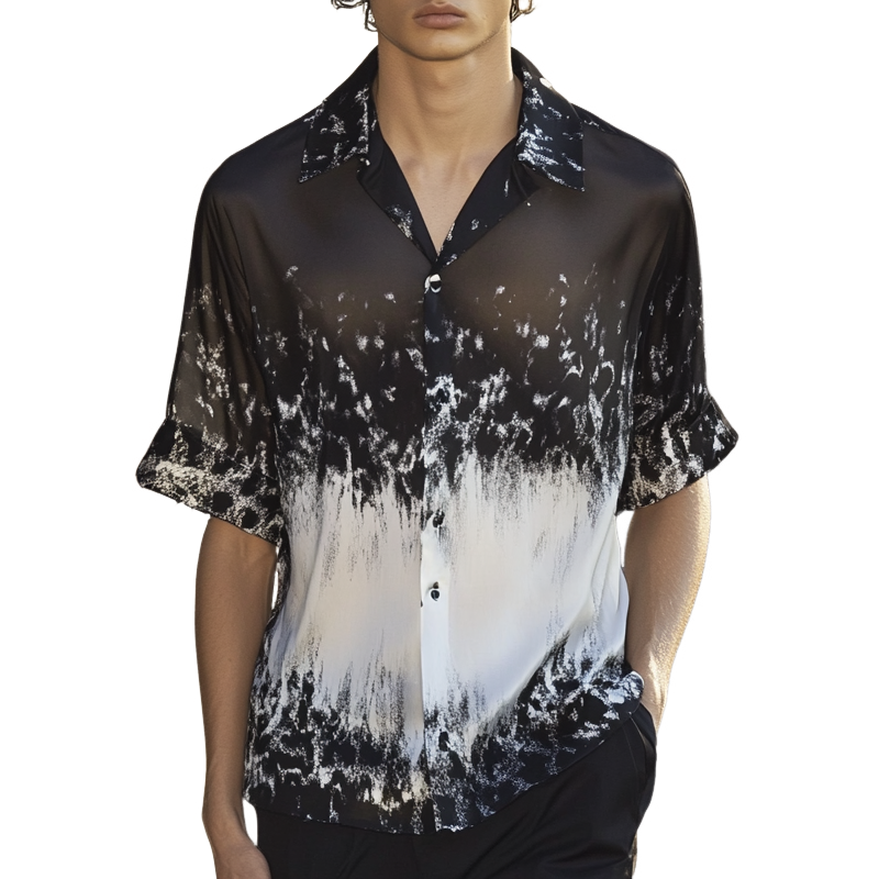 Men's Black And White Gradient Print Short-Sleeved Shirt MTA0647F4X