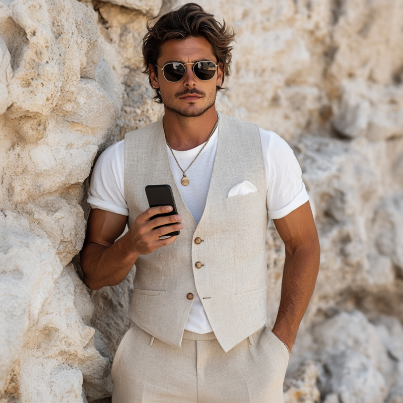Men's Casual Breathable Linen V-neck Single-breasted Slim-fit Suit Vest MTA2147G9M