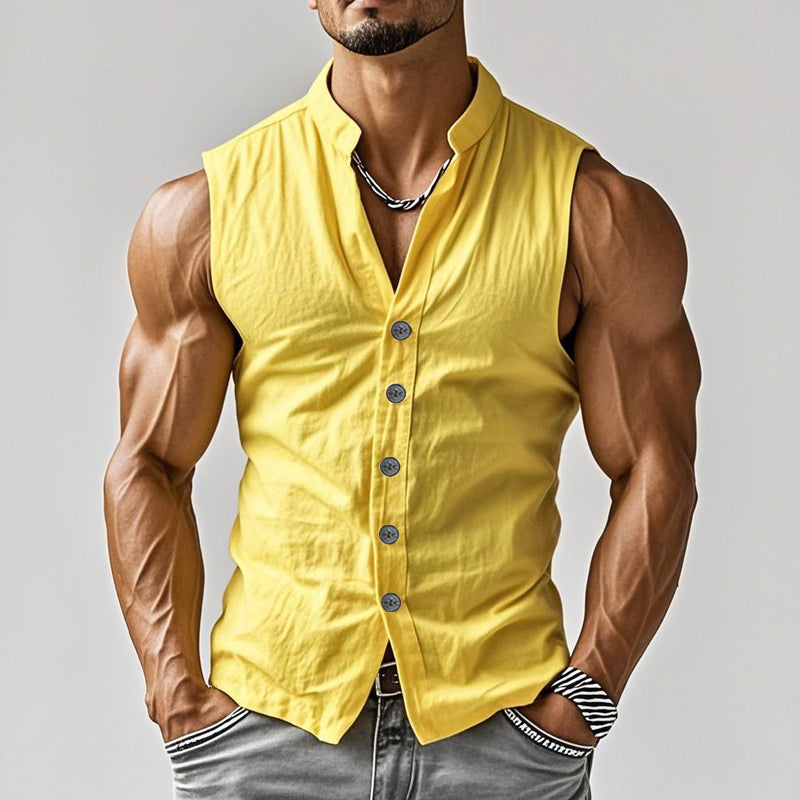Men's Casual Comfort Cotton Stand Collar Single Breasted Sleeveless Shirt MTA0203D3M