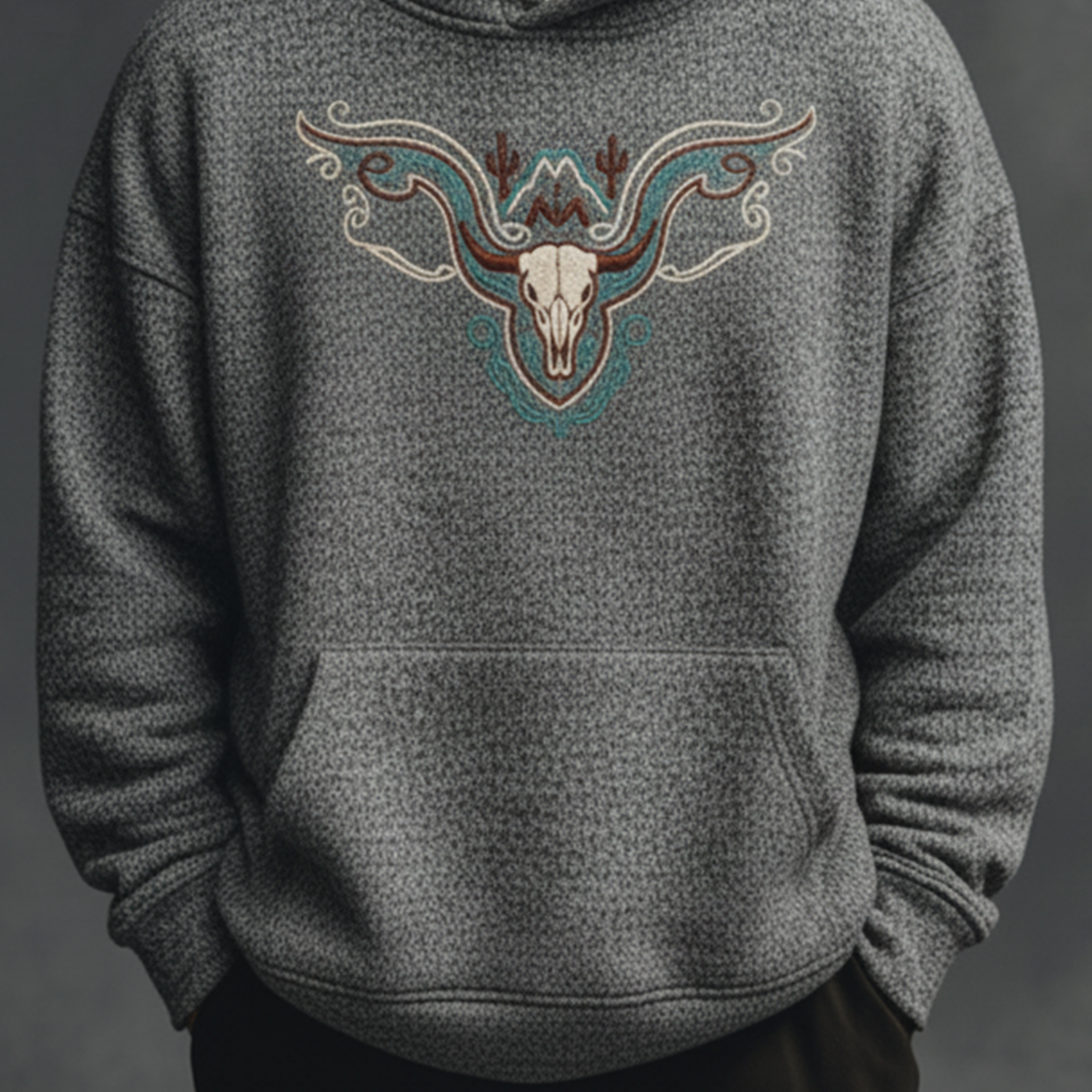 Men's Classic Casual Western Style Embroidered Air Layer Cotton Blend Hoodie MTA1145K6K