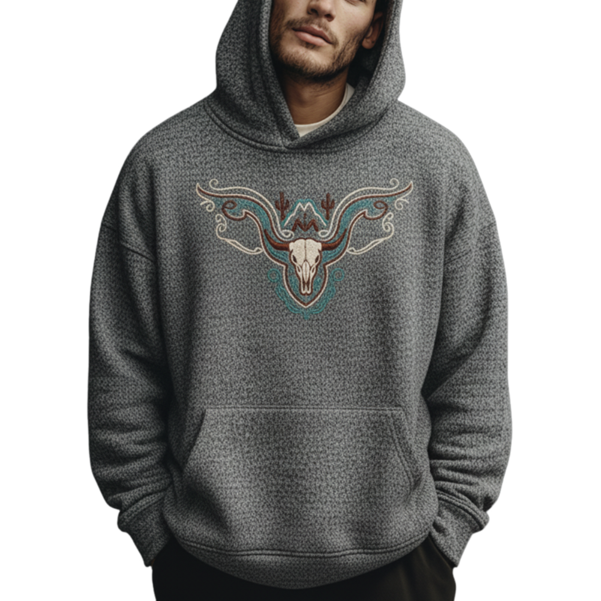 Men's Classic Casual Western Style Embroidered Air Layer Cotton Blend Hoodie MTA1145K6K