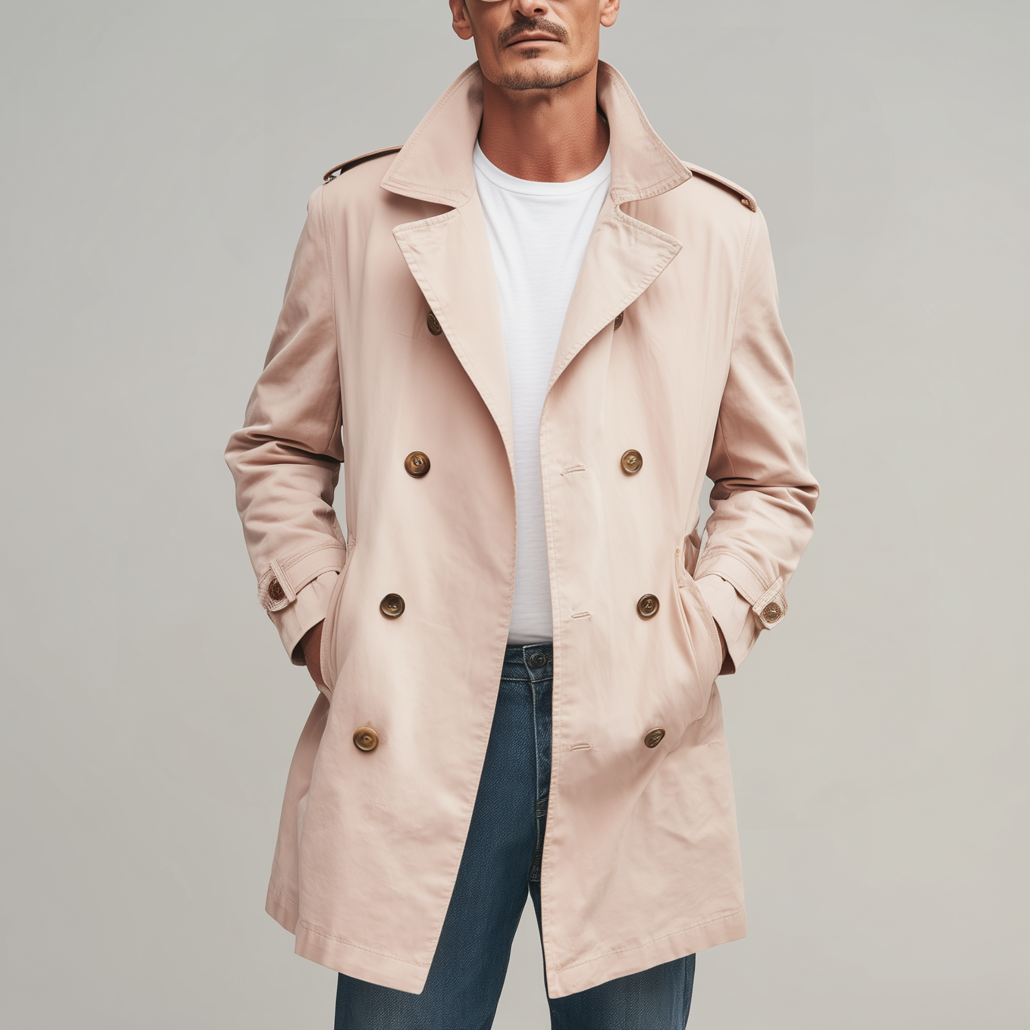 Men's Classic American Retro Lapel Pink Cotton Twill Double-breasted Thigh-length Trench Coat MTA1460H5K