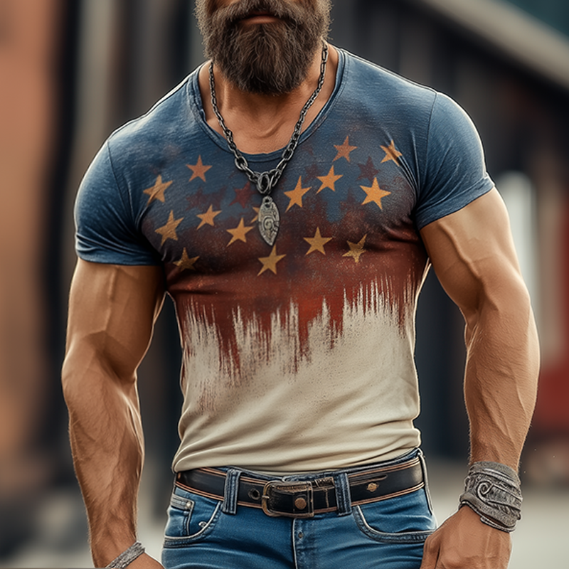 Men's Retro Burst Star Print Tough Round Neck Short Sleeve T-Shirt MTA3082F4TO
