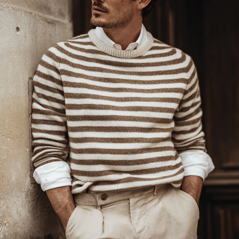 Men's Striped Round Neck Long Sleeve Sweater MTA2026H7Z