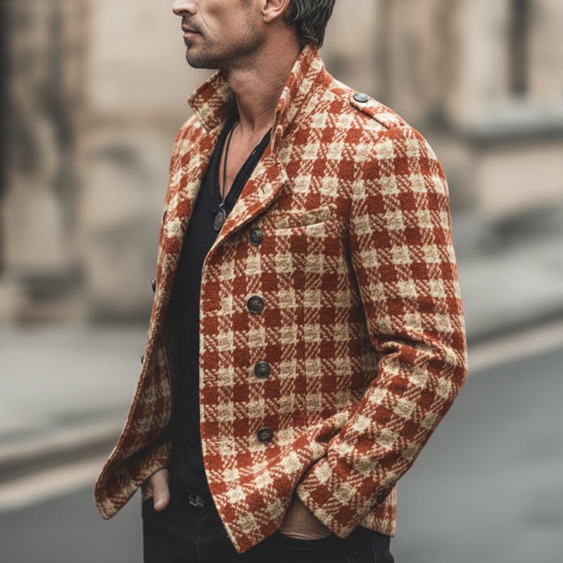 Men's Classic Plaid Double-breasted Notched Lapel Faux Wool Jacket MTA0452L8U