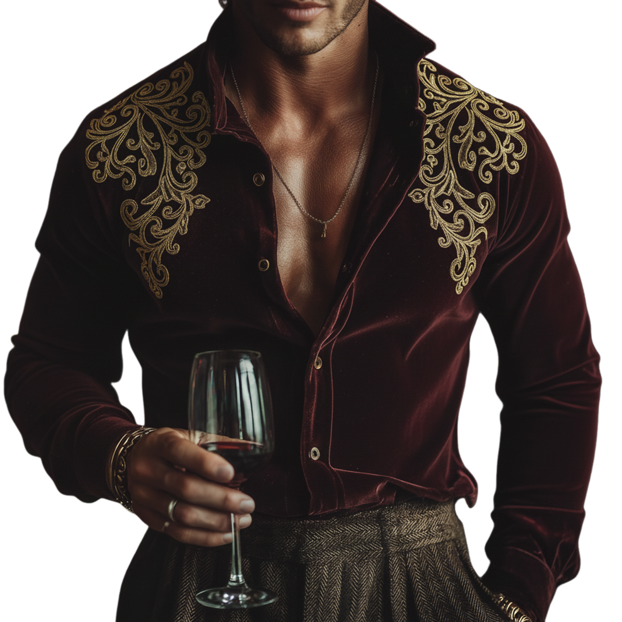 Men's Classic Retro Stand-collar Embroidered Faux Velvet Long-sleeved Shirt MTA0533L6K