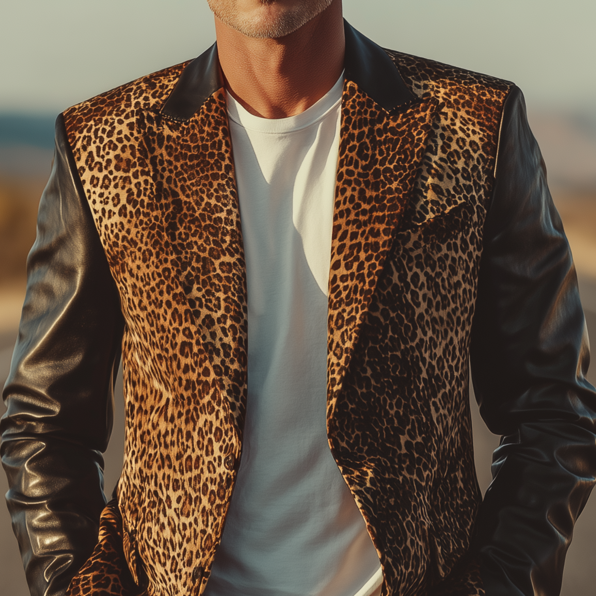 Men's Classic Fashion Leopard Suede Stitching PU Leather Single-breasted Slim-fit Blazer MTA0676H4K