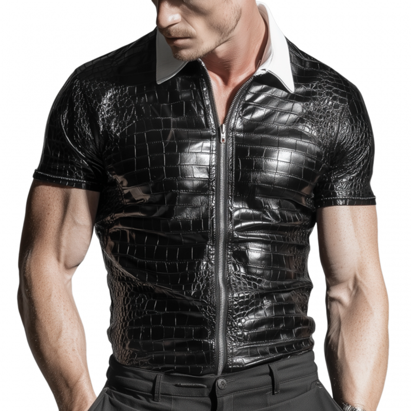 Men's Fashion Crocodile Pattern PU Contrast Color Patchwork Lapel Zipper Slim Short Sleeve Shirt MTA2775F9M