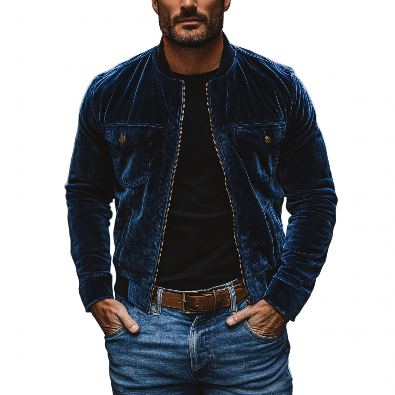 Men's Vintage Solid Color Velvet Stand Collar Zipper Placket Slim Fit Short Jacket MTA1295H3M
