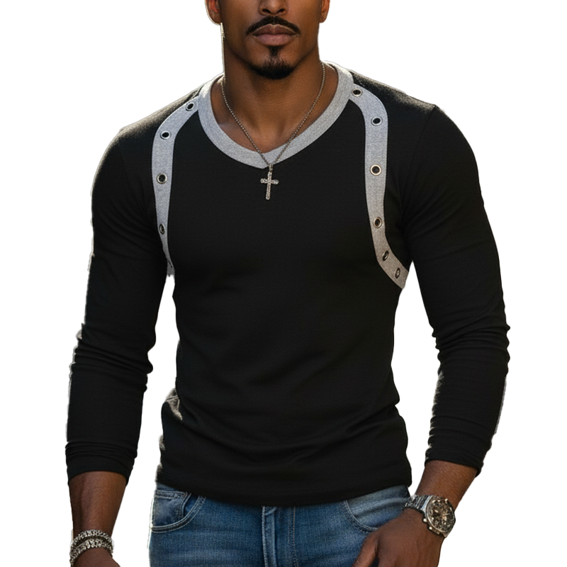 Men's Vintage-style Color-block Perforated Cotton Blend Slim-fit T-shirt MTA2906L8P