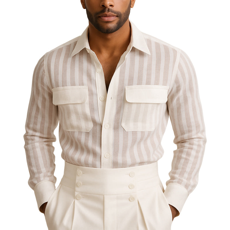 Men's Comfortable Business Vertical Striped Long-Sleeved Shirt MTA2703E4U