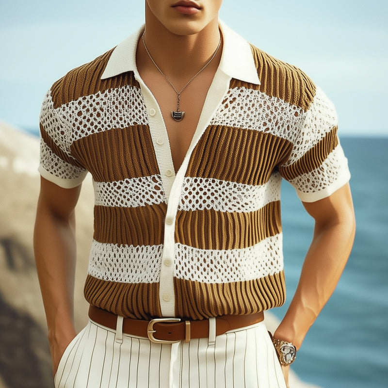 Men's Summer Breathable Color Matching Fashion Knitted Short-Sleeved Shirt MTA2294E0U