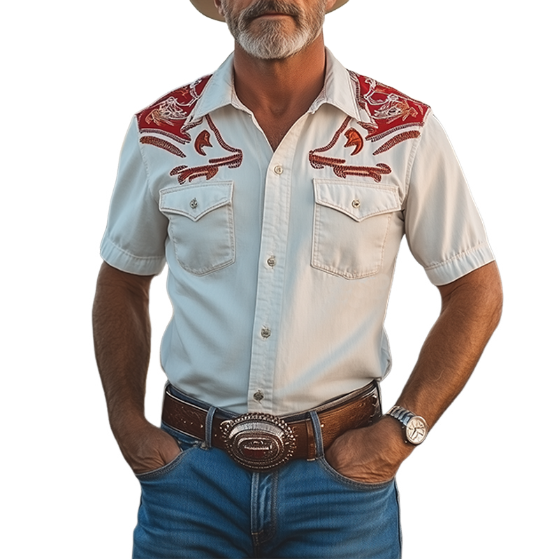 Men's Spring And Summer New Fashion Classic Retro Western Cowboy Style Cotton Blended Stitching Cotton And Linen Contrast Color Embroidery Short-Sleeved Shirt MTA0983E7K