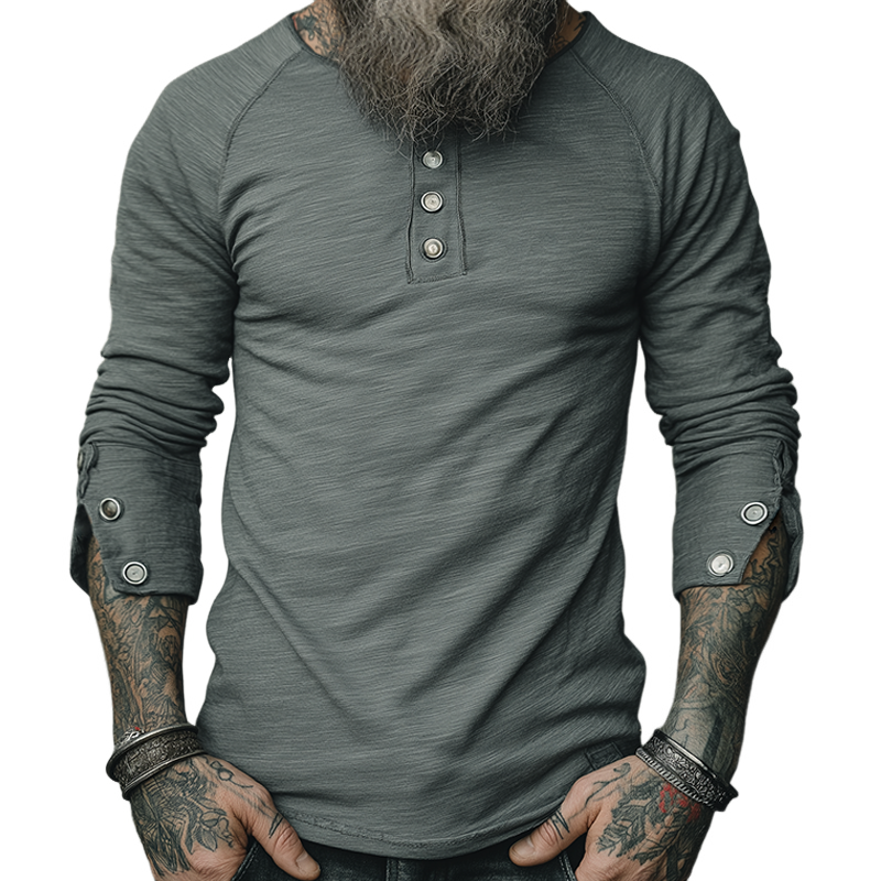Men's Vintage Casual Cotton Button-Down Crew Neck Long Sleeve T-Shirt MTA2801H5TO