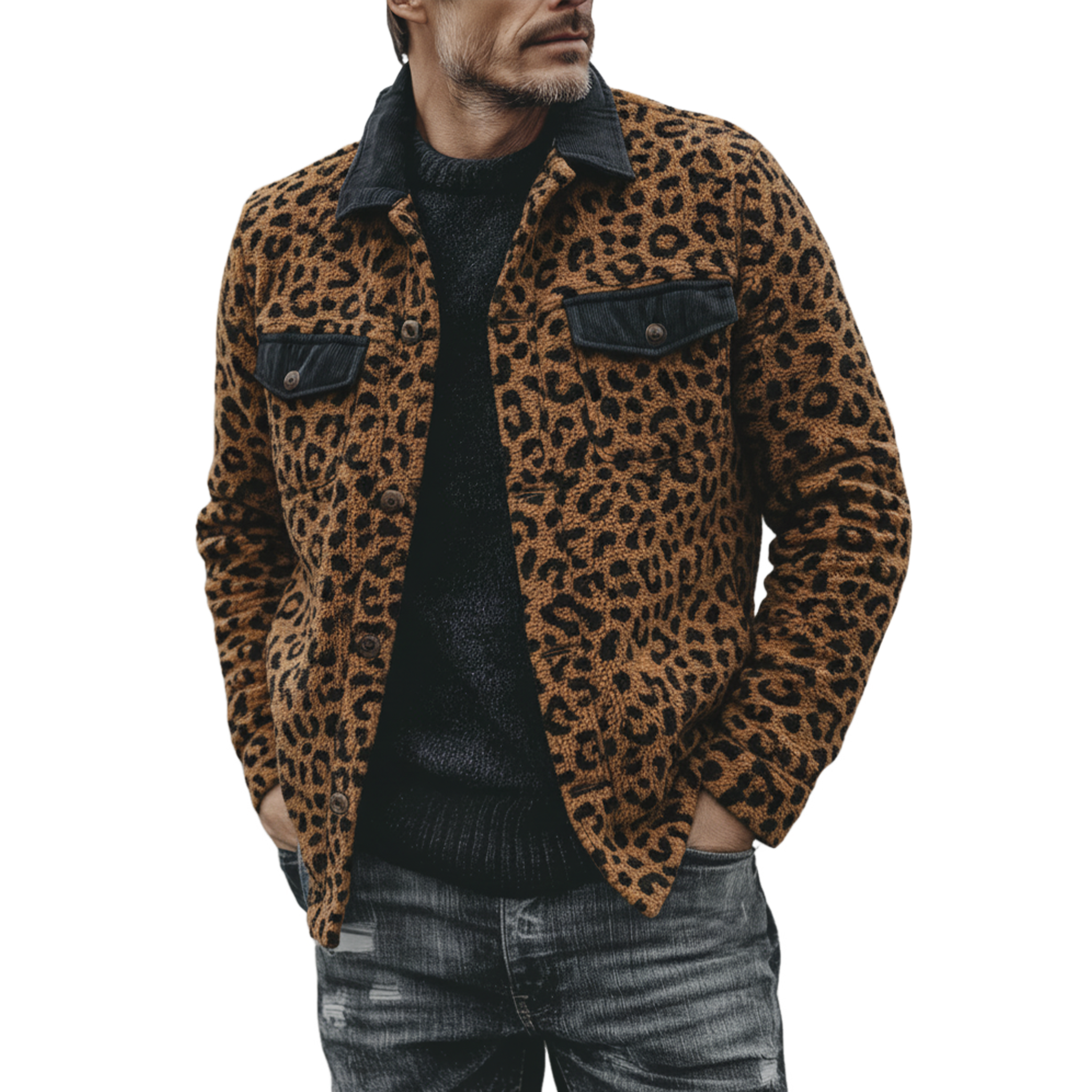 Men's Classic Casual Corduroy Collar And Flap Leopard Print Teddy Jacket MTA1714J6K