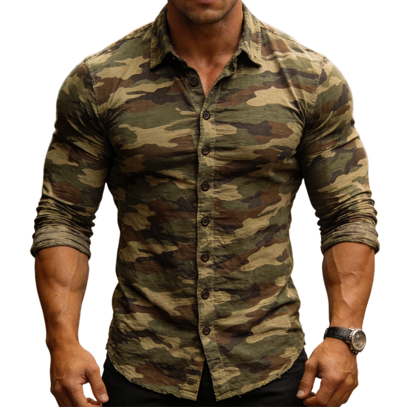 Men's Retro Camouflage Print Stretch Lapel Long-Sleeve Shirt MTA2373L9TO