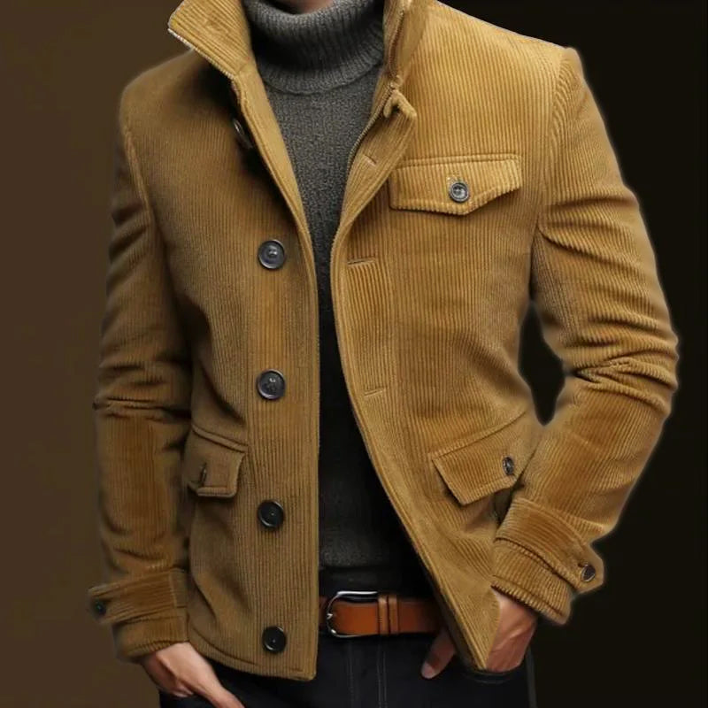 Chaqueta de pana con múltiples bolsillos y cuello alto estilo vintage para hombre 86754965M