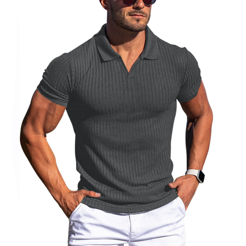 Men's Solid Striped Lapel Short Sleeve Polo Shirt 66319205Z