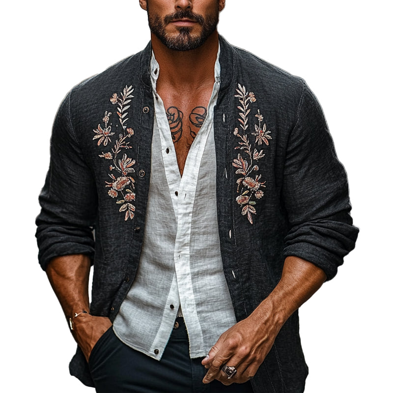 Men's Cotton and Linen Vintage Embroidered Cardigan Jacket 24065076X