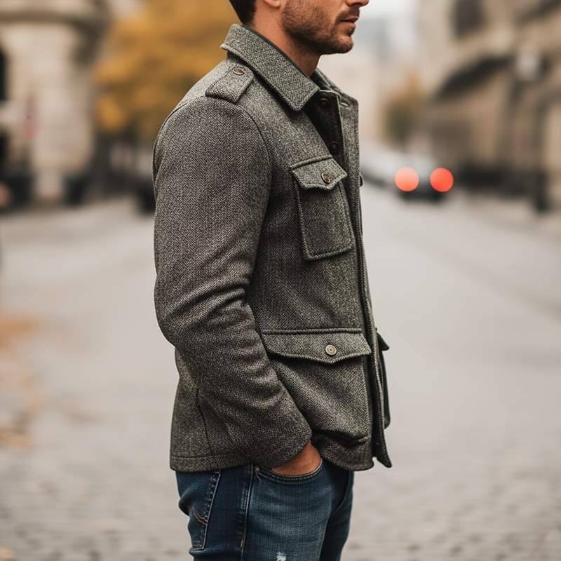 Men's Retro Dark Gray Multi-Pocket Faux Wool Button Jacket MTA0333K8U