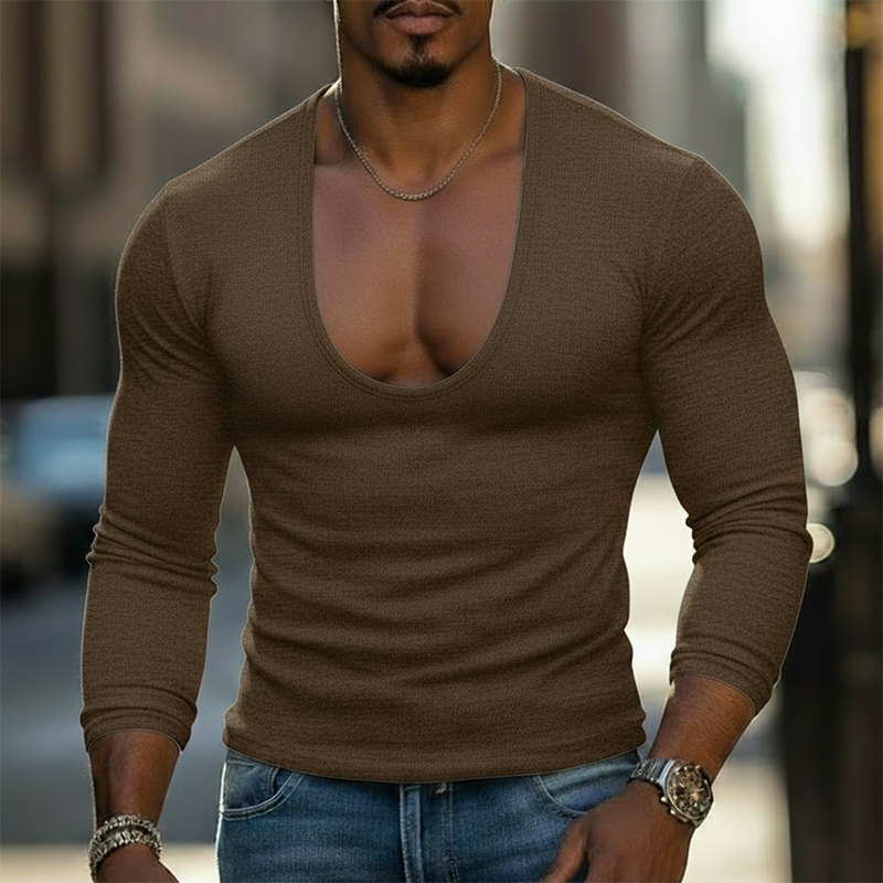 Men's Stylish Deep V-neck Polyester Blend Slim-fit Long-sleeved T-shirt MTZ1646A7P