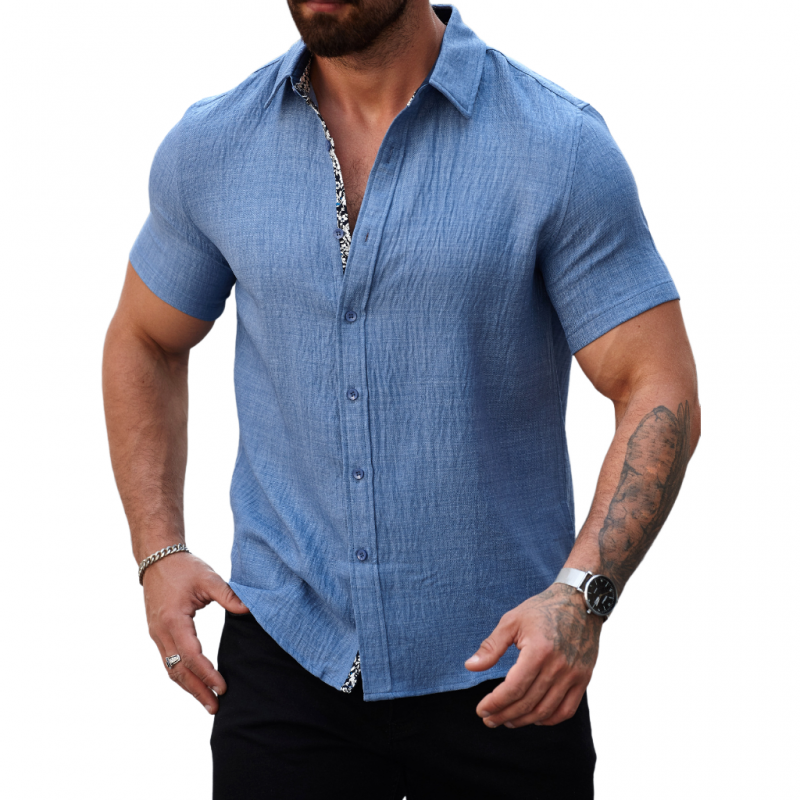 Men's Casual Cotton Linen Pleated Colorblock Lapel Slim Fit Short Sleeve Shirt MTA2680E3M