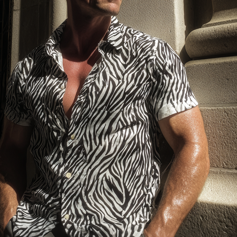 Men's Leopard Print Lapel Short Sleeve Shirt MTA0814G8X