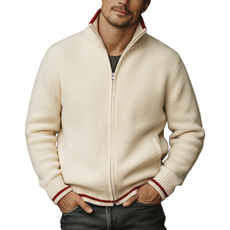 Men's Winter Fashion Cotton Yarn Knitted Simple Contrast Color Zipper Sweater Cardigan MTA1346J0P