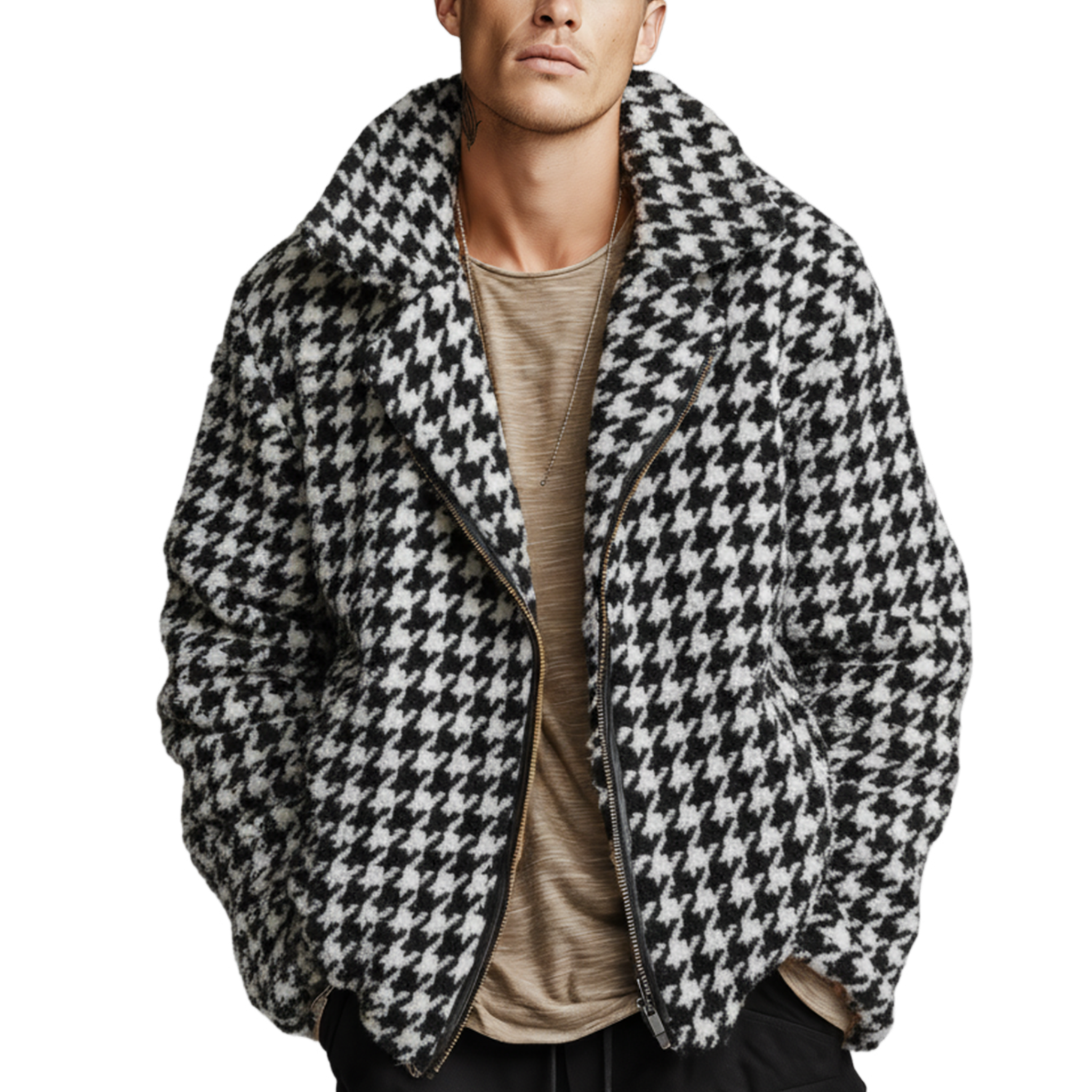 Men's Classic Casual Lapel Zipper Houndstooth Faux Sherpa Jacket MTA2063J0K