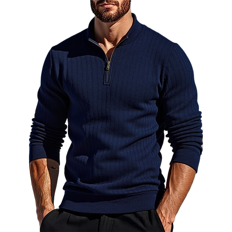 Men's Solid Color Knit Half-zip Pullover Long-sleeved Polo Shirt MTA0840K2X
