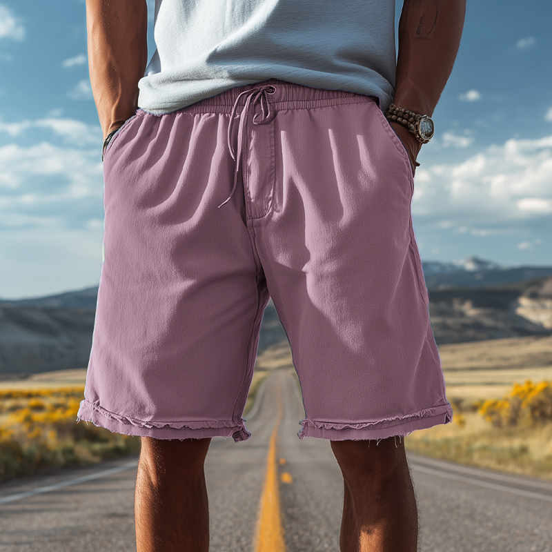 Men's Classic Casual Cotton Blend Washed Trousers With Raw Edges And Elastic Waist Shorts MTA1506G5K