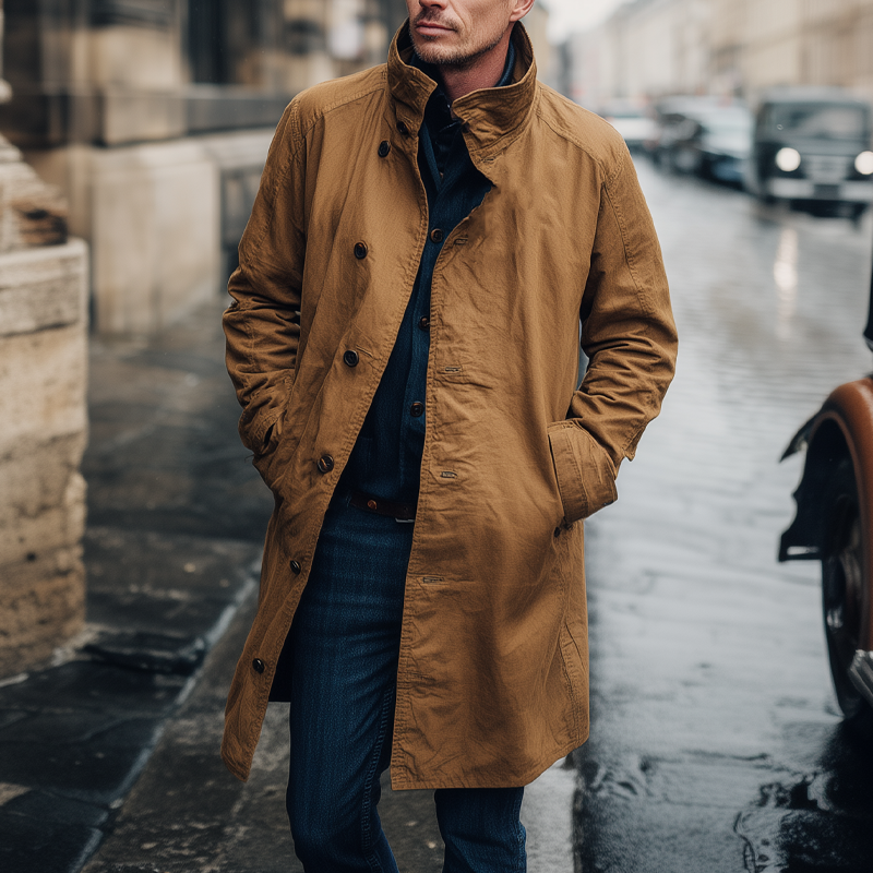Men's Cotton Vintage Solid Color Loose Lapel Trench Coat MTA1378H8X