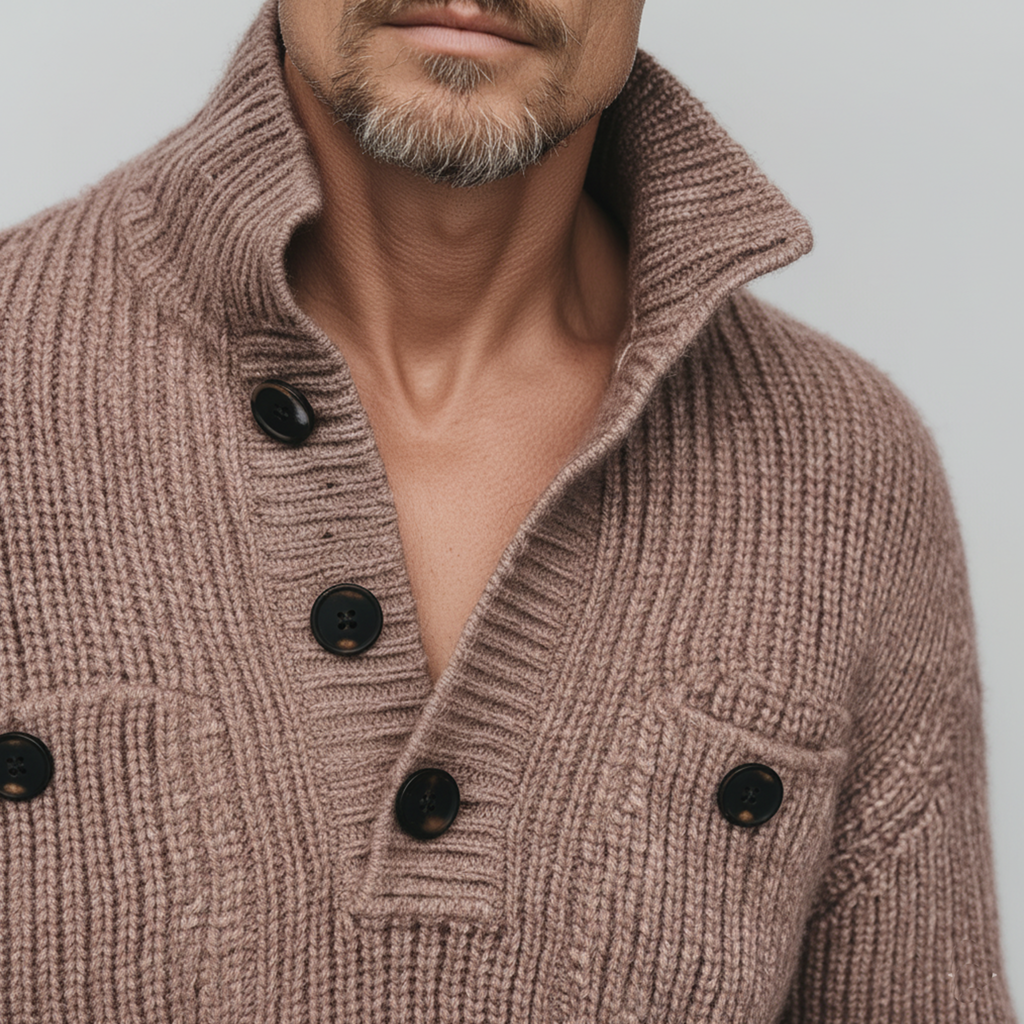 Men's Classic Casual Pink Stand Collar Double Pocket Loose Sweater MTA2824I0K
