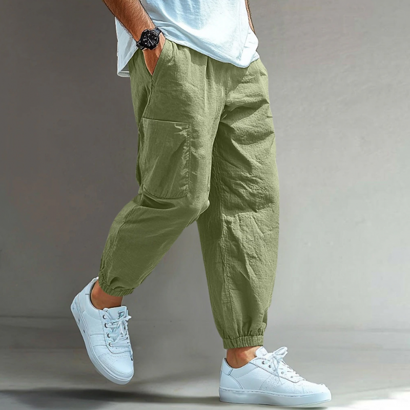 Men's Casual Solid Color Breathable Cotton Linen Blend Elastic Waist Multi-Pocket Cuffed Pants MTA2196G0M