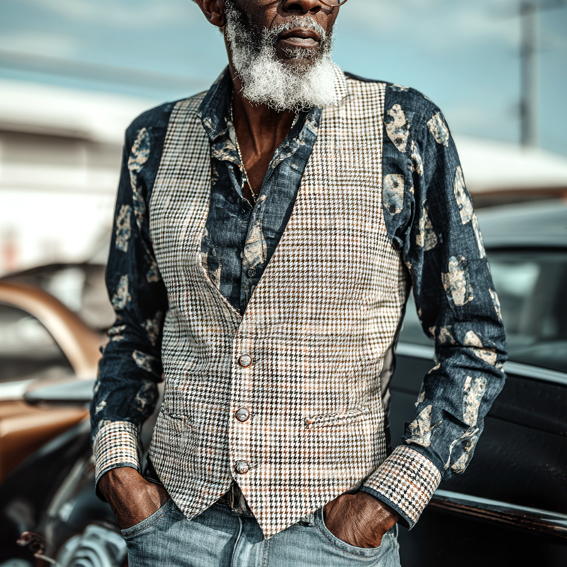 Men's Vintage Check V Neck Single Breasted Casual Vest MTA0862I7Z