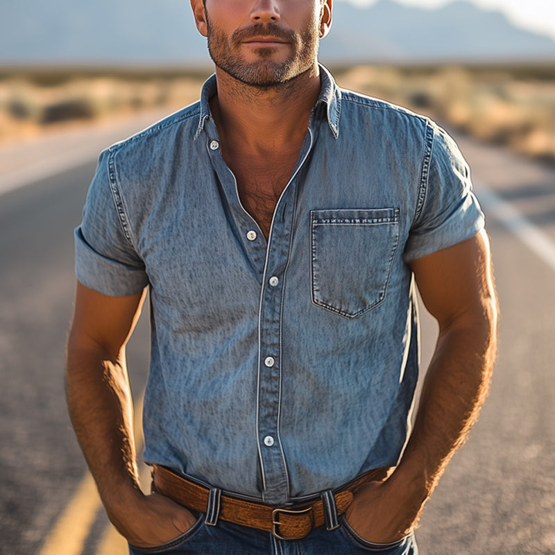 Men's Summer Western Cowboy Style Denim Short-Sleeved Shirt MTA1534E3U