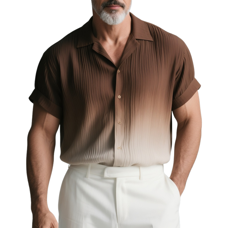 Men's Gradient Textured Striped Chiffon Lapel Short Sleeve Shirt MTA2862G7Z