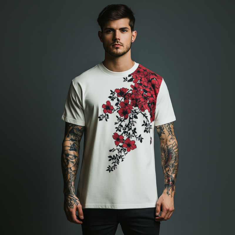 Men's Casual Contrast Color Floral Print Round Neck Slim Fit Short Sleeve T-shirt MTA1564E5M