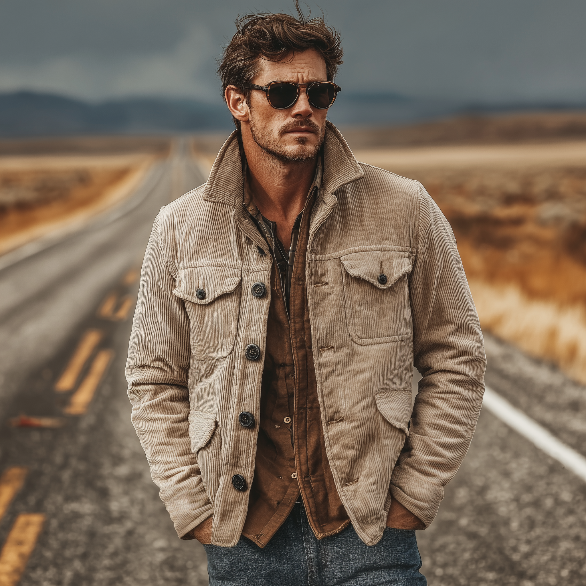 Men's Classic Retro Western Style Stand-up Collar Multi-pocket Corduroy Jacket MTA2506K2K