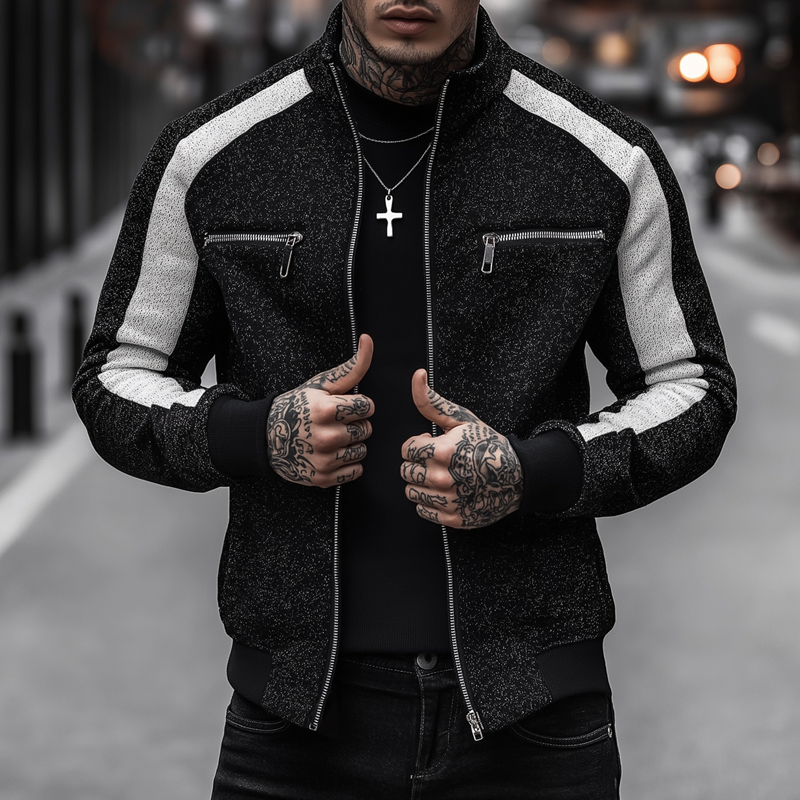 Men's Black And White Mixed Color Knit Stand Collar Zipper Jacket MTA0170H3Z